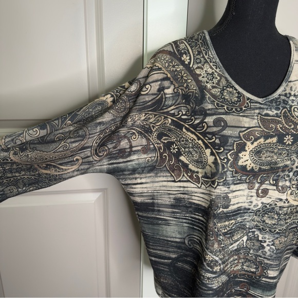 Chico’s Beaded Dolman Sleeve Sweater Top Sz 1 M 8 Tan Brown Green - Picture 5 of 9